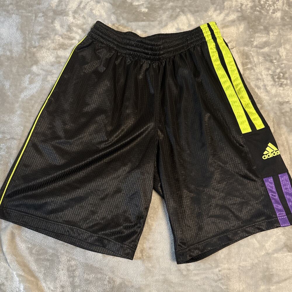 Adidas Mens Basketball Shorts Black & Neon Green Stripes Size Medium